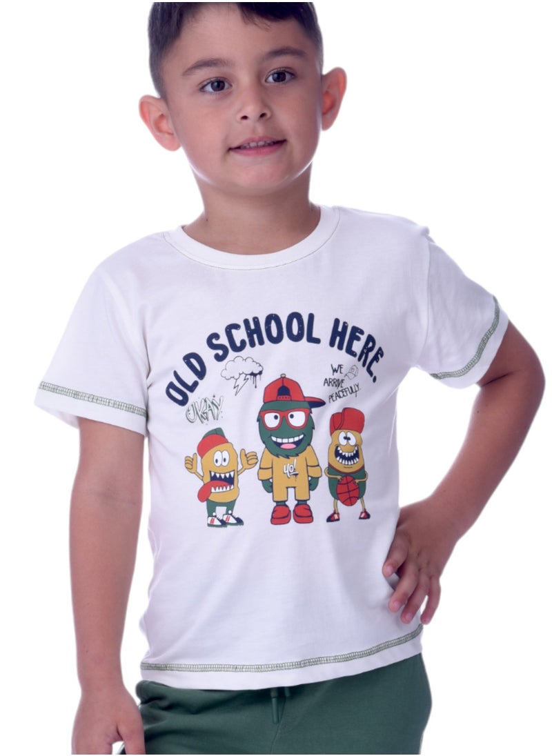 victor and jane - Kids Boys 2-piece Set - T-shirt & Shorts-Ivory and Green - Image 1