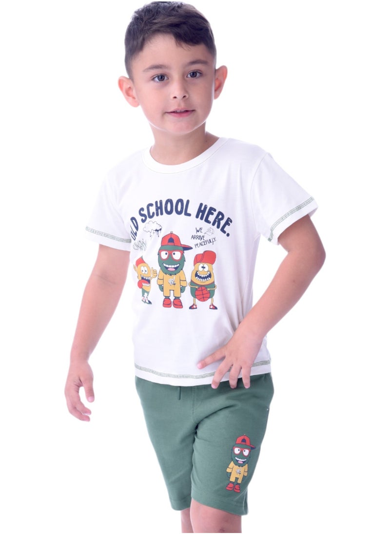 victor and jane - Kids Boys 2-piece Set - T-shirt & Shorts-Ivory and Green - Image 1
