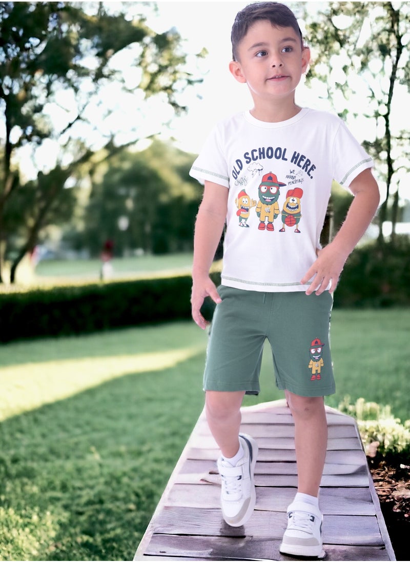 victor and jane - Kids Boys 2-piece Set - T-shirt & Shorts-Ivory and Green - Image 1