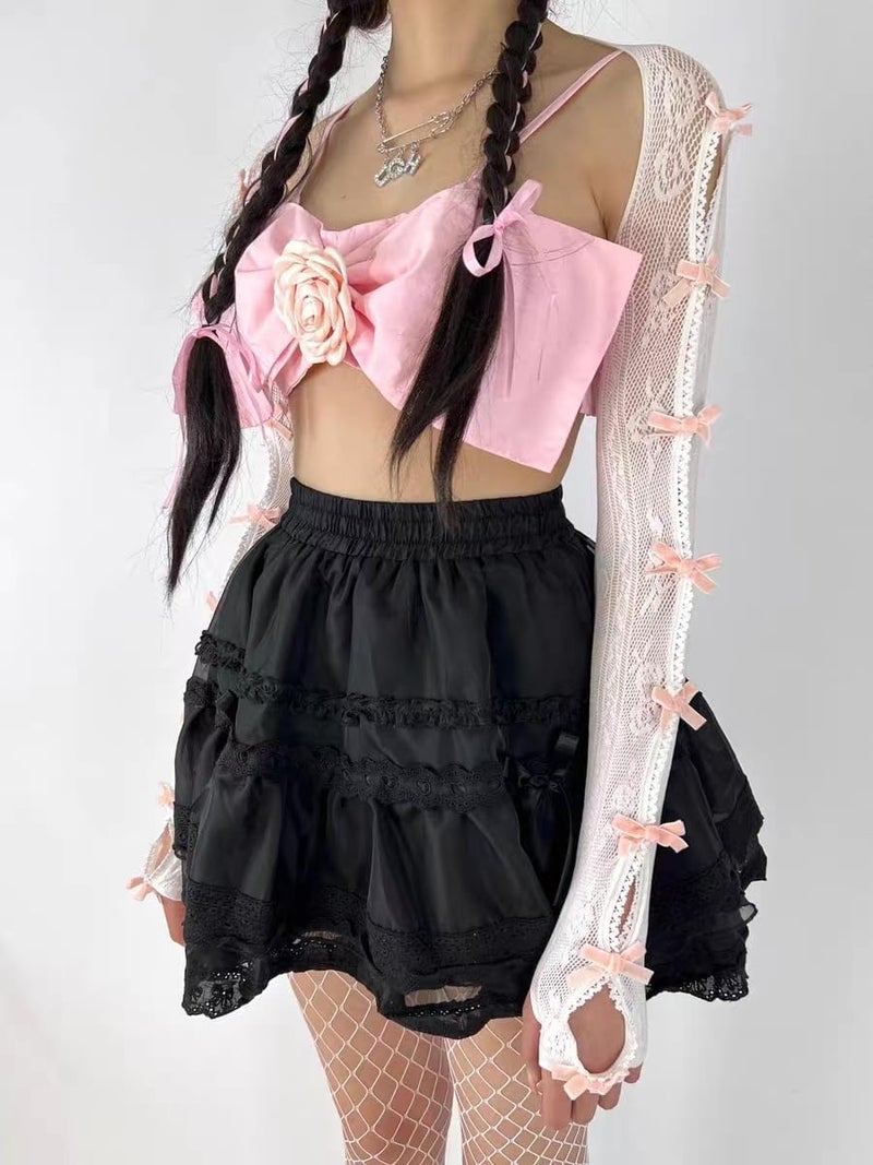 Sumleno Women's Mesh Lace Shrug Crop Top Y2K Aesthetic Arm Sleeves Cardigan with Bow Grunge Cute Fairycore Accessories (Pink,One Size) - Image 3