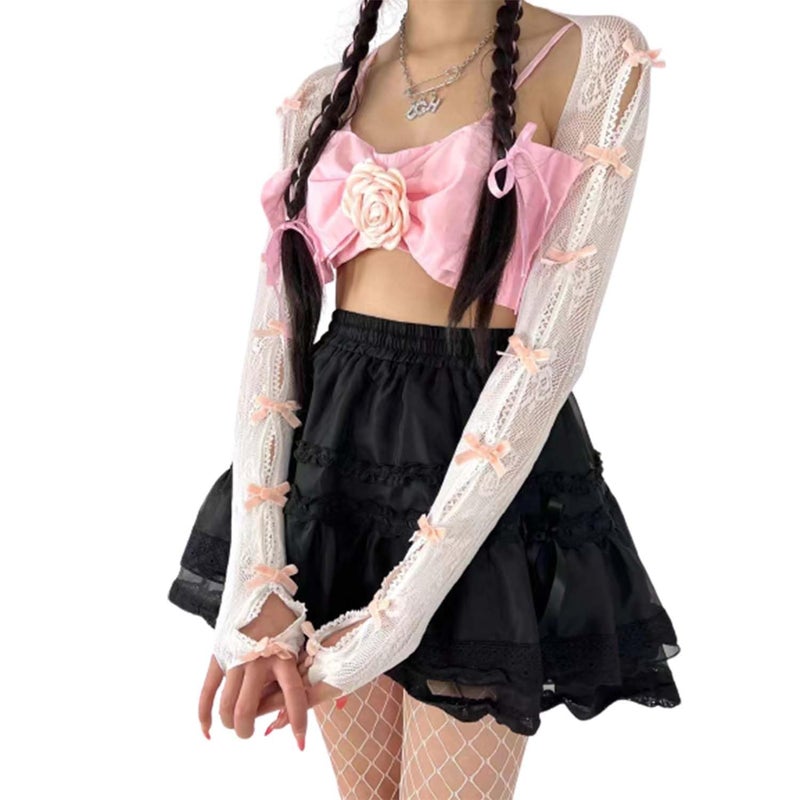 Sumleno Women's Mesh Lace Shrug Crop Top Y2K Aesthetic Arm Sleeves Cardigan with Bow Grunge Cute Fairycore Accessories (Pink,One Size) - Image 1