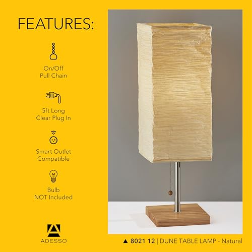 Adesso 8021-12 Dune Table Lamp, 25 in., 100 W Incandescent/ 26W CFL, Natural Rubber Wood/Steel Accents, 1 Table Lamp , White - Image 5