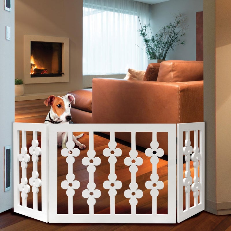 Etna White Floral Wooden Pet Gate - Freestanding Foldable Adjustable 3-Section Dog Gate. Extra Wide, Keeps Pets Safe Indoors/Outdoors - Fully Assembled - Image 5