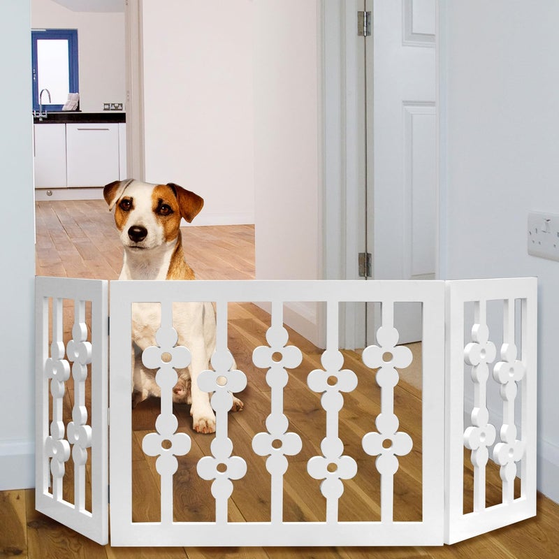 Etna White Floral Wooden Pet Gate - Freestanding Foldable Adjustable 3-Section Dog Gate. Extra Wide, Keeps Pets Safe Indoors/Outdoors - Fully Assembled - Image 4