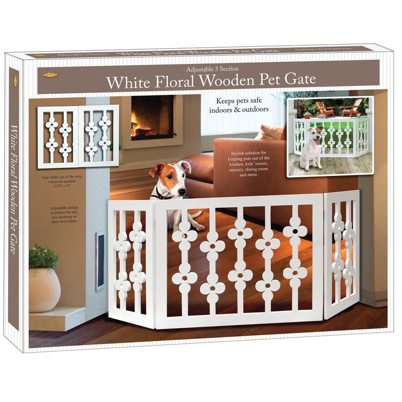 Etna White Floral Wooden Pet Gate - Freestanding Foldable Adjustable 3-Section Dog Gate. Extra Wide, Keeps Pets Safe Indoors/Outdoors - Fully Assembled - Image 1