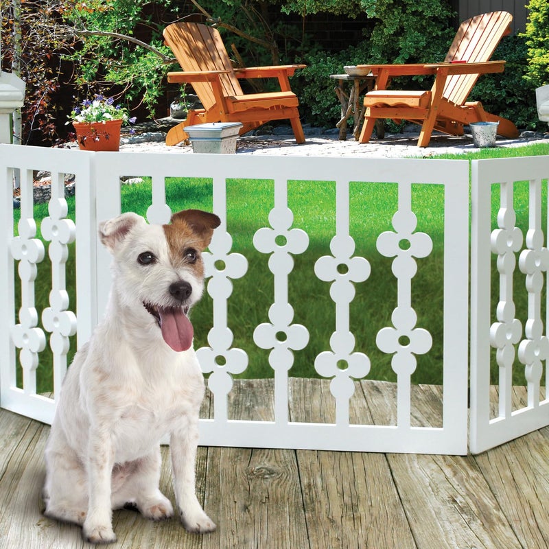 Etna White Floral Wooden Pet Gate - Freestanding Foldable Adjustable 3-Section Dog Gate. Extra Wide, Keeps Pets Safe Indoors/Outdoors - Fully Assembled - Image 3