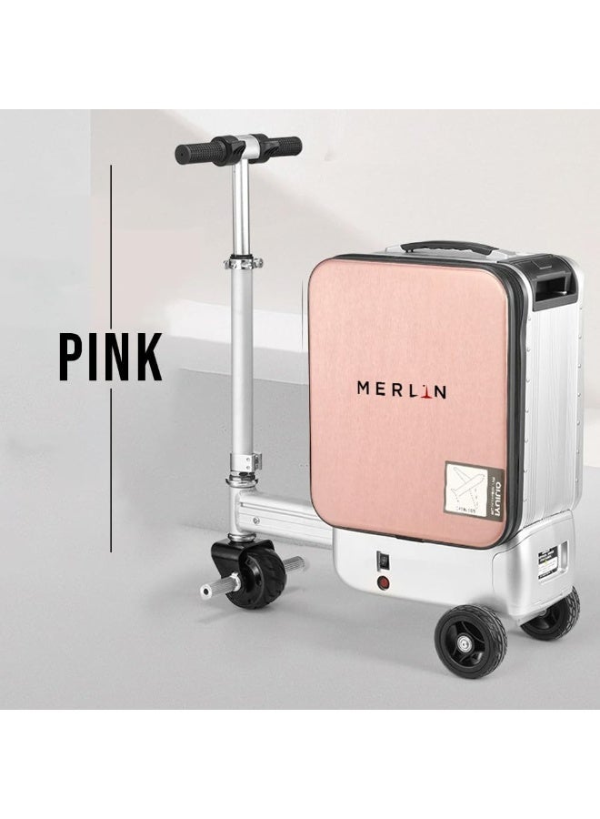 ميرلين Merlin حقيبة ميرلين الذكية لركوب السكوتر مع بطارية قابلة للفصل، حمولة تصل إلى 150 كجم، حقيبة سفر آلية قابلة للركوب بإطار من الألومنيوم، للسفر بدون عناء، سعة 28 لترًا، المطارات، رحلات العمل (وردي) - Image 2