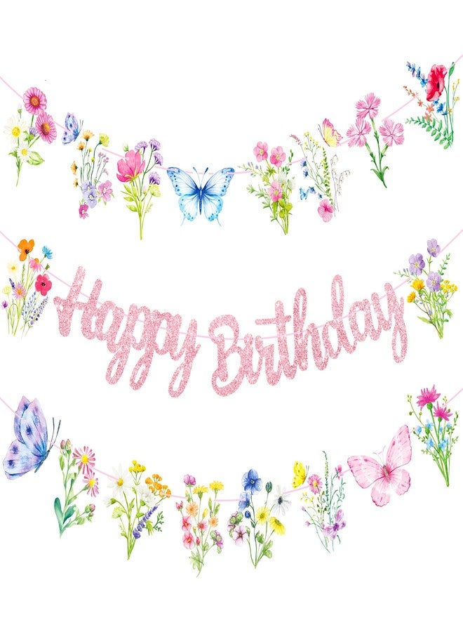 umoni Wildflowers Happy Birthday Banners 3Pcs Pink Butterfly Theme Party Decorations for Women Girl Spring Birthday Baby Shower Supplies - Image 1