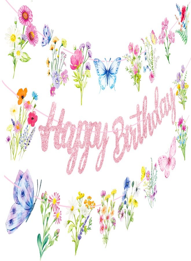 umoni Wildflowers Happy Birthday Banners 3Pcs Pink Butterfly Theme Party Decorations for Women Girl Spring Birthday Baby Shower Supplies - Image 2