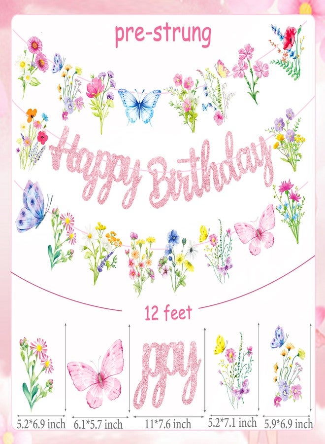 umoni Wildflowers Happy Birthday Banners 3Pcs Pink Butterfly Theme Party Decorations for Women Girl Spring Birthday Baby Shower Supplies - Image 5