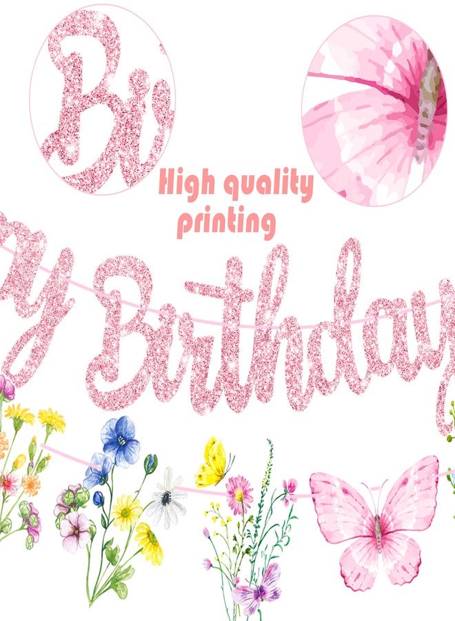 umoni Wildflowers Happy Birthday Banners 3Pcs Pink Butterfly Theme Party Decorations for Women Girl Spring Birthday Baby Shower Supplies - Image 4