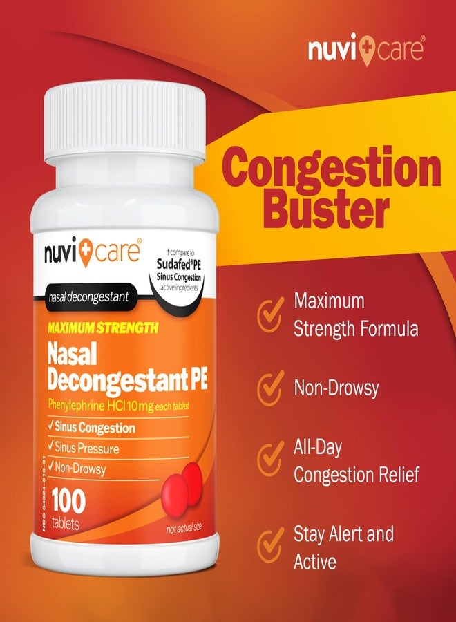NUVICARE Max Strength PE Phenylephrine HCl 10mg Non Drowsy Nasal Decongestant - Allergy Sinus Congestion Relief Compare to Sudafed PE Decongestant Tablets - Sinus Decongestants for Adults (100 Count) - Image 3
