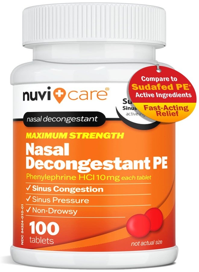 NUVICARE Max Strength PE Phenylephrine HCl 10mg Non Drowsy Nasal Decongestant - Allergy Sinus Congestion Relief Compare to Sudafed PE Decongestant Tablets - Sinus Decongestants for Adults (100 Count) - Image 1