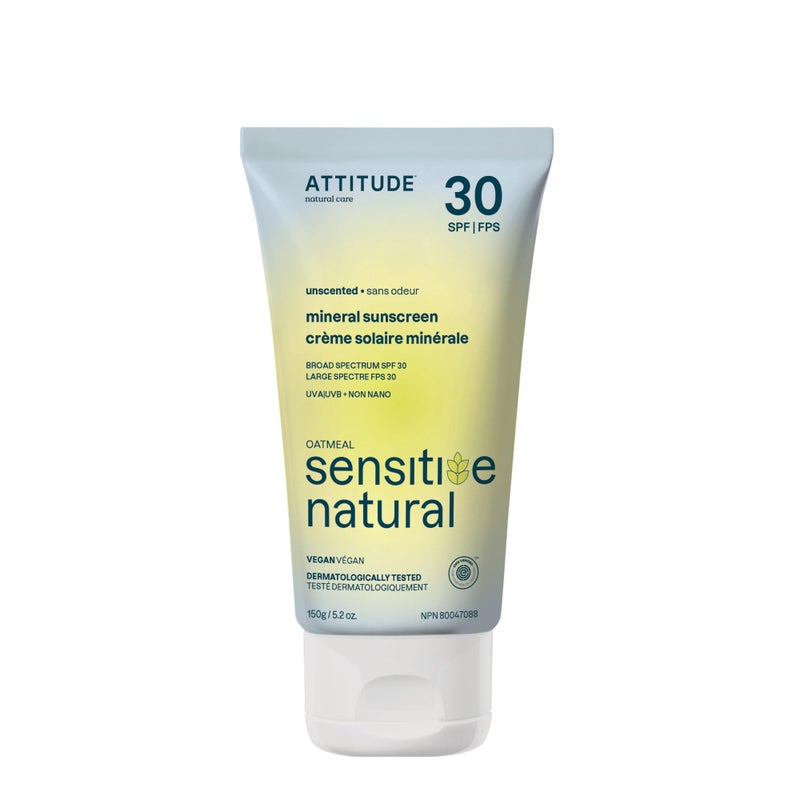ATTITUDE Mineral Sunscreen for Sensitive Skin, EWG Verified, Broad Spectrum UVA/UVB, Dermatologically Tested, Plant and Mineral-Based Formula, Vegan, SPF 30, Unscented, 5.2 Oz - Image 1