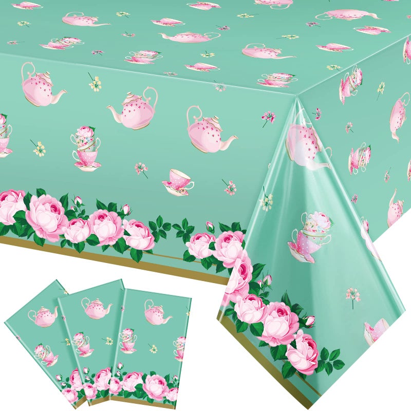 Tatuo 3 Pcs Floral Tea Party Tablecloth 54 x 108 Inch Flower Tea Time Plastic Table Cover Floral Teacups Decoration for Spring Holiday Birthday Wedding Baby Shower Garden Party Supplies
