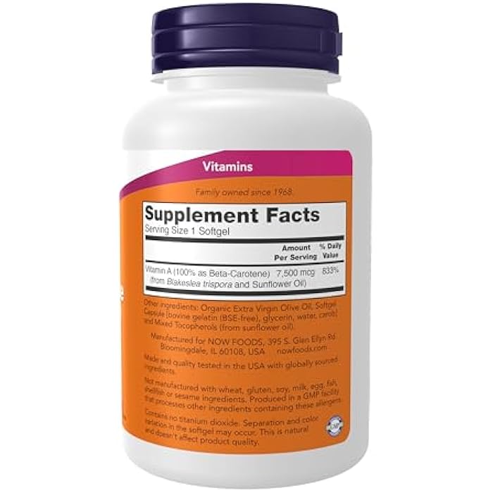 now Supplements, Natural Beta Carotene 25,000 IU, Essential Nutrition, 180 Softgels - Image 2