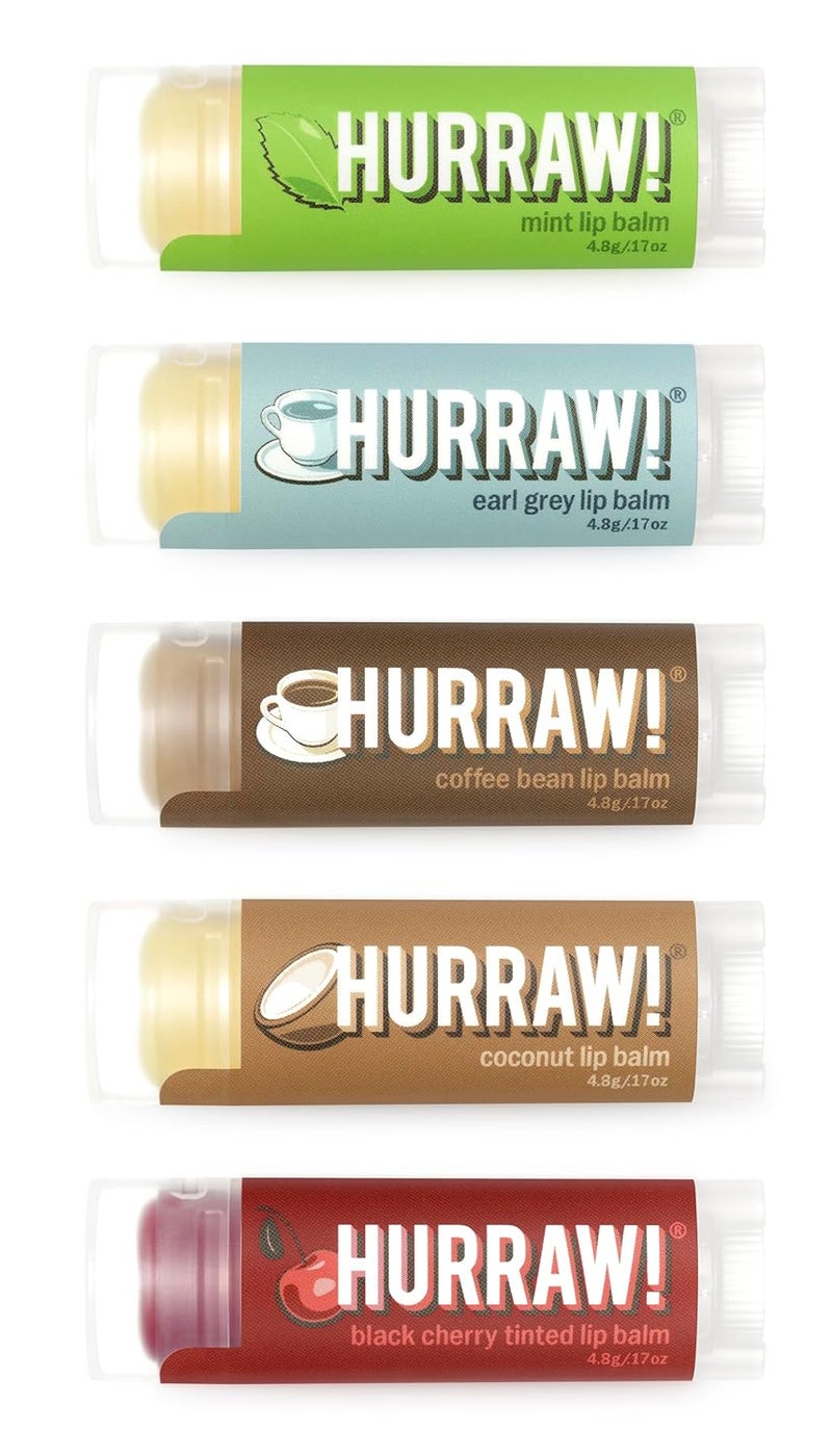 Hurraw Lip Balms Staff Favorites 5 Balm Bundle Pack  Mint Earl Grey Coffee Bean Coconut Black Cherry Sheer Red Tint Organic Certified Vegan Cruelty  Gluten Free All Natural Made in USA