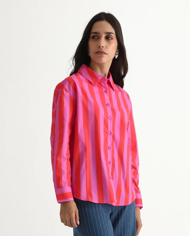 Rareism Women's Striped Poplin Boxy Fit Shirt