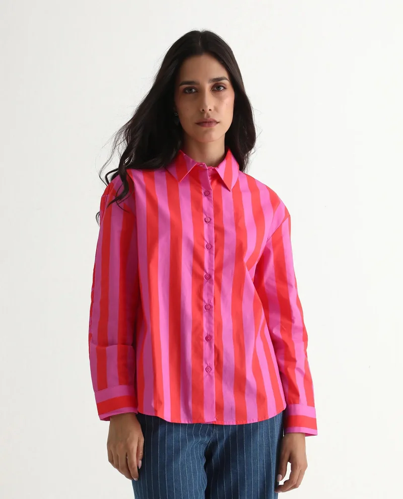 Rareism Women's Striped Poplin Boxy Fit Shirt