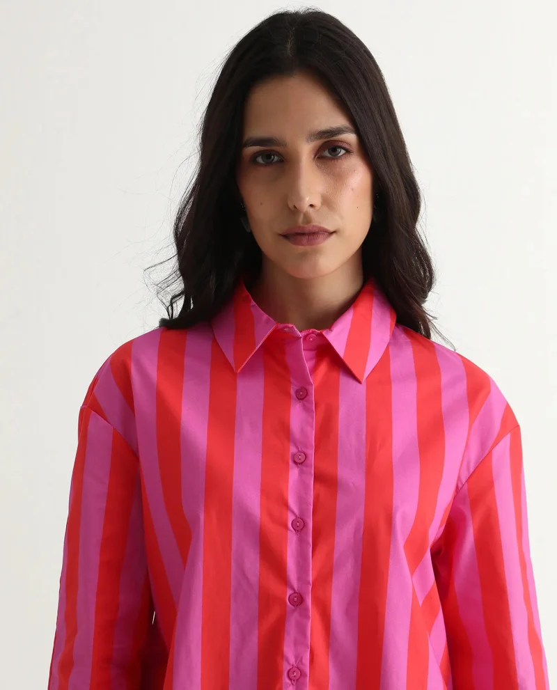 Rareism Women's Striped Poplin Boxy Fit Shirt