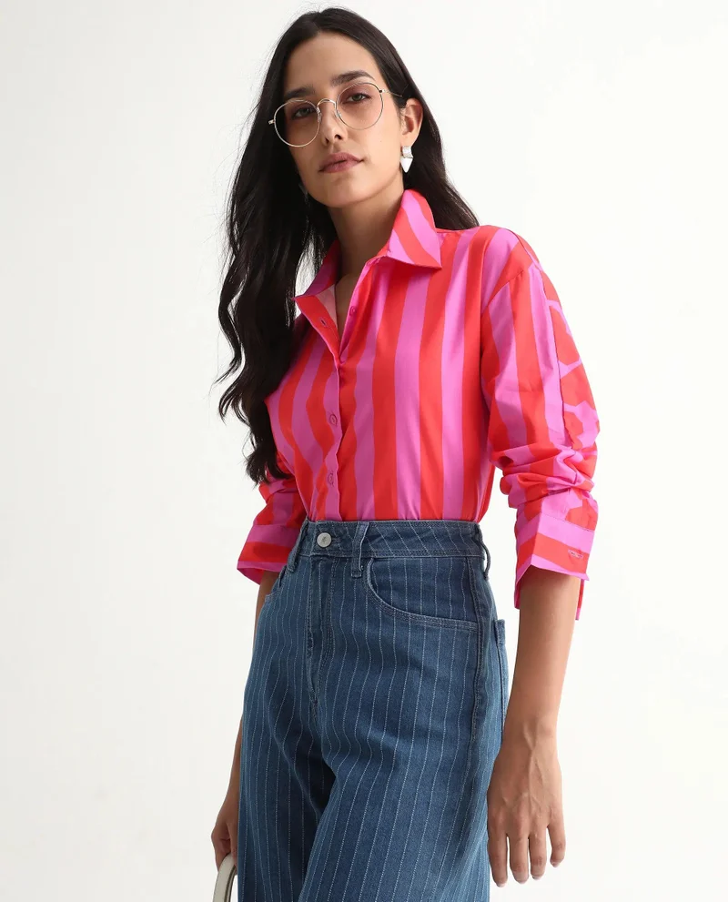 Rareism Women's Striped Poplin Boxy Fit Shirt