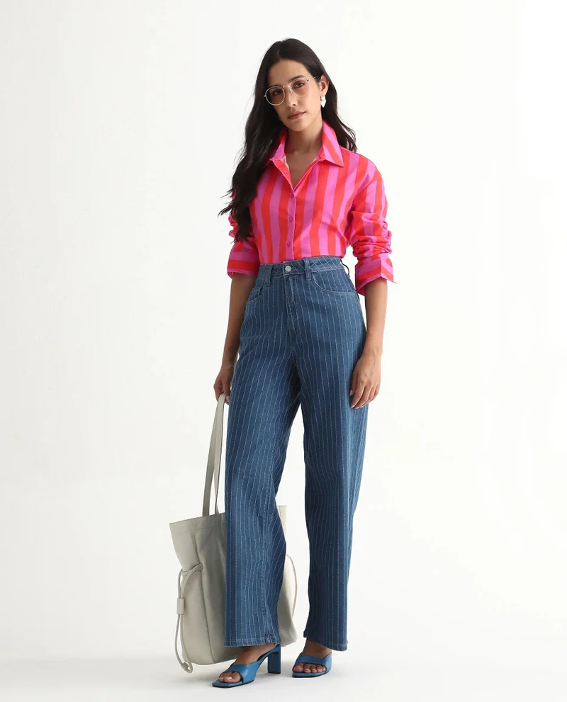 Rareism Women's Striped Poplin Boxy Fit Shirt