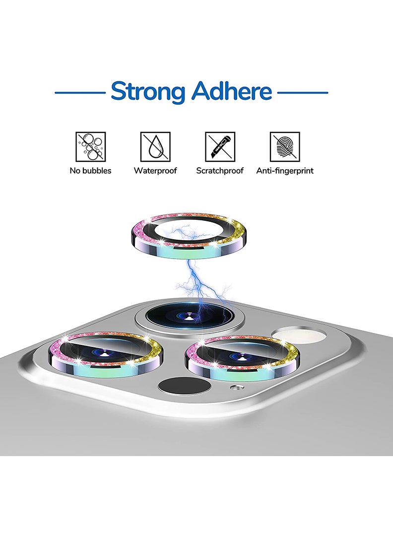 Theodor iPhone 12/ 12 Pro 3 Pcs Camera Lens Protector With 9H Tempered HD Glass Camera Cover Anti Scratch Aluminum Alloy Camera Ring, Glitter Colourful - Image 3