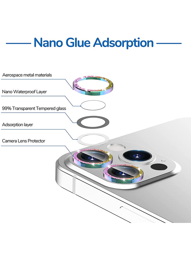 Theodor iPhone 12/ 12 Pro 3 Pcs Camera Lens Protector With 9H Tempered HD Glass Camera Cover Anti Scratch Aluminum Alloy Camera Ring, Glitter Colourful - Image 4
