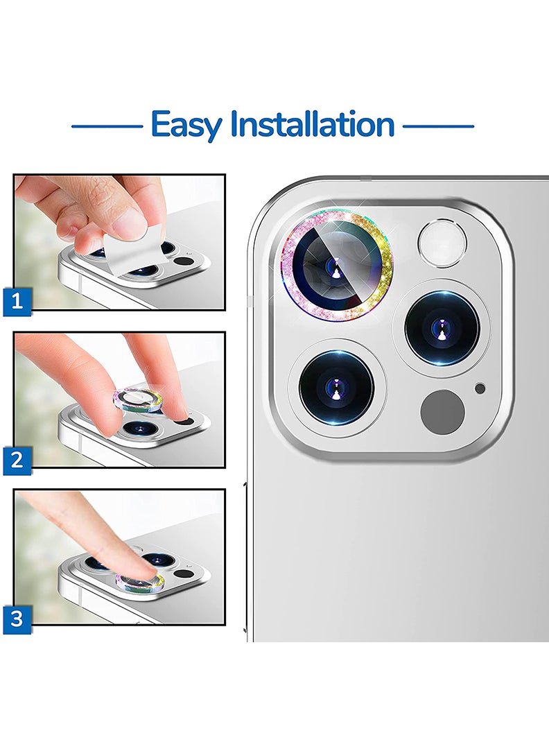 Theodor iPhone 12/ 12 Pro 3 Pcs Camera Lens Protector With 9H Tempered HD Glass Camera Cover Anti Scratch Aluminum Alloy Camera Ring, Glitter Colourful - Image 2