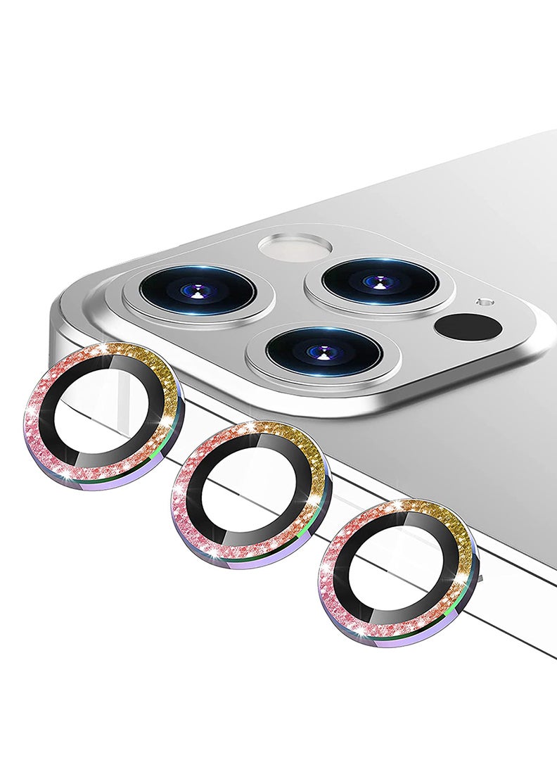 Theodor iPhone 12/ 12 Pro 3 Pcs Camera Lens Protector With 9H Tempered HD Glass Camera Cover Anti Scratch Aluminum Alloy Camera Ring, Glitter Colourful - Image 1