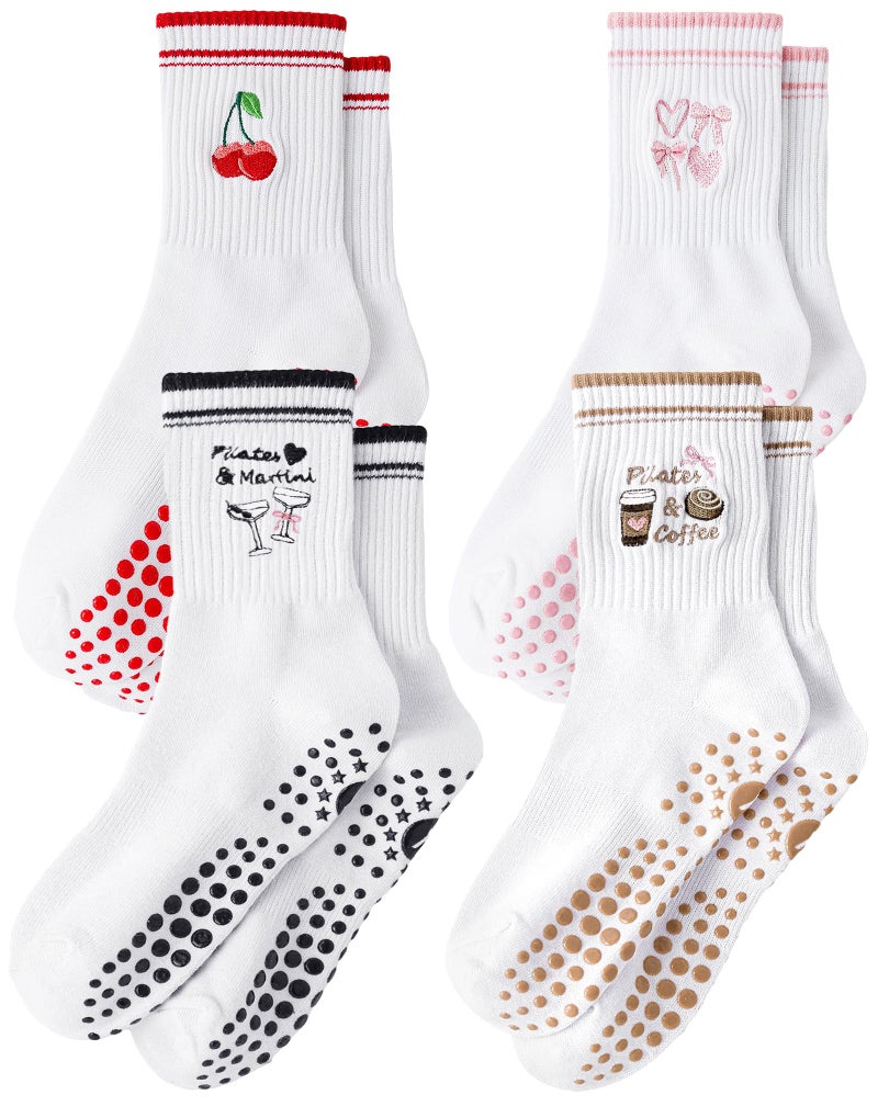 Yawlsow Pilates Grip Socks for Women Yoga Grippy Socks Cute Barre Non Skid Athletic Crew Sticky Sock Workout Hospital (US, Alpha, One Size, Regular, Regular, Red+Pink+Brown+Black) - Image 1