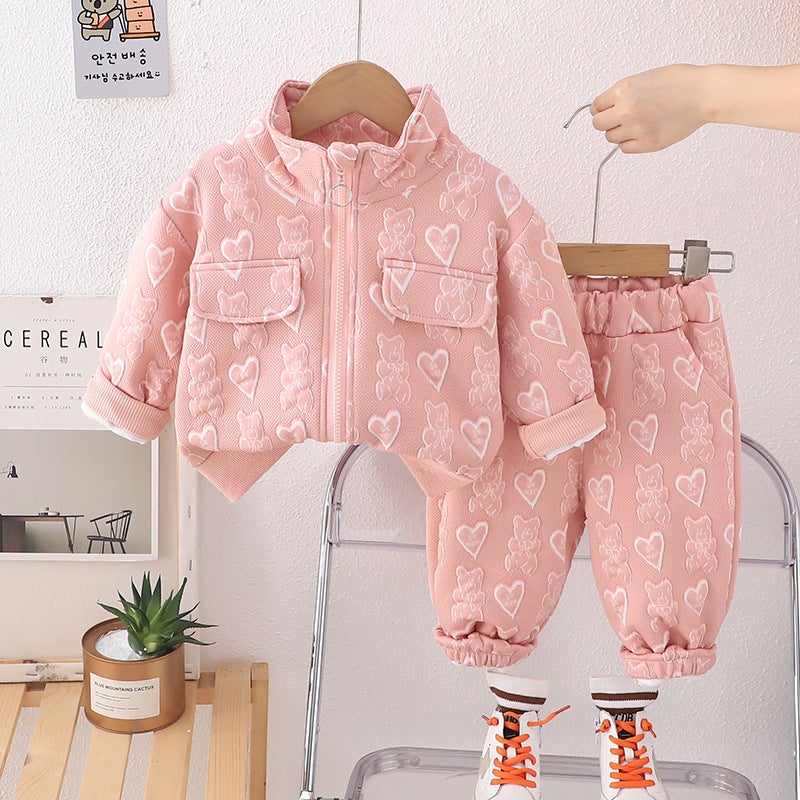 2025 spring new boys and girls jacquard stand collar zipper shirt long sleeve suit baby casual trousers two-piece set Pink