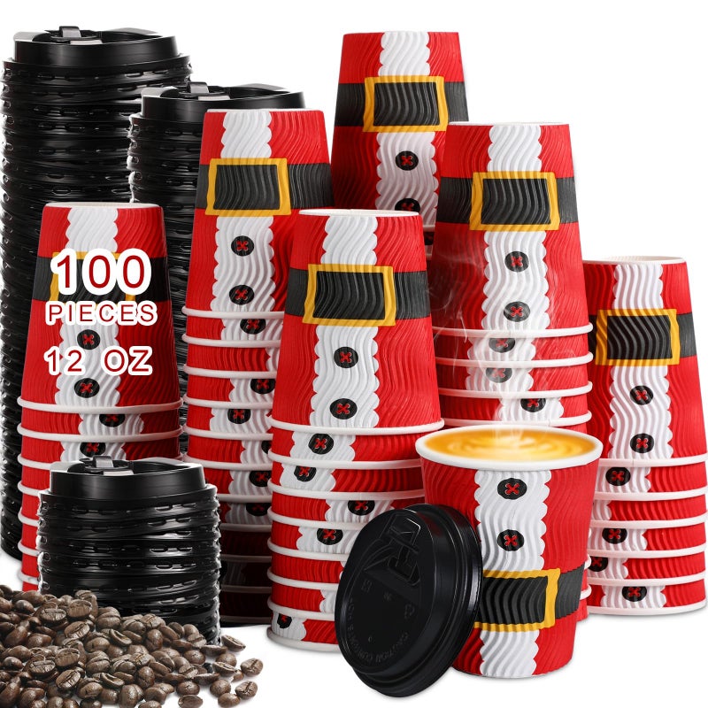 Foaincore 100 Pcs 12 oz Christmas Disposable Coffee Cups with Lid Insulated Ripple Wall Paper Disposable Espresso Cups for Cold Hot Drinking Christmas Party Supplies
