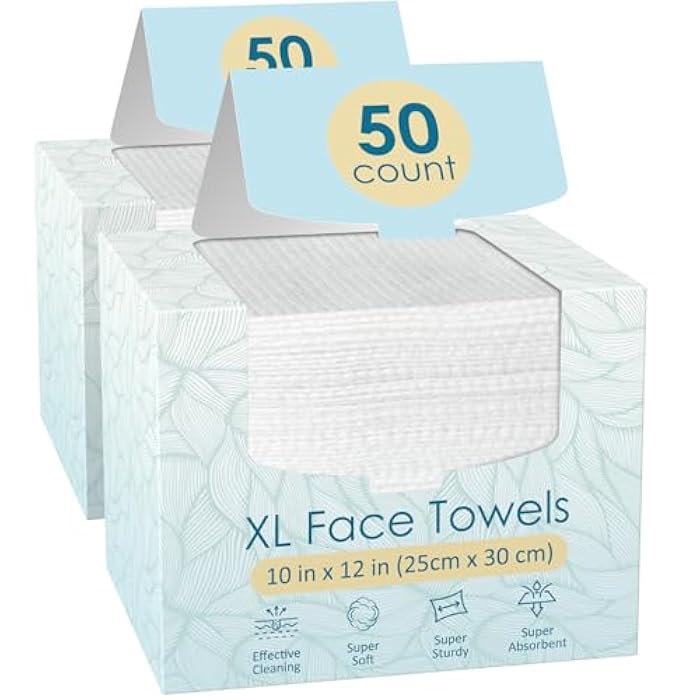 FYGRIP 2 Pack of 50 count XL Disposable Face Towels 10” x 12”, 100% Viscose Fibre, Soft & Skin Friendly Face Towelettes Disposable, Facial Tissue Wipes for Women Cleansing - Image 1