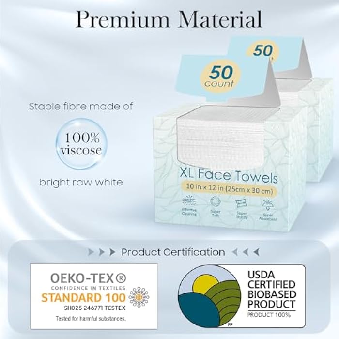 FYGRIP 2 Pack of 50 count XL Disposable Face Towels 10” x 12”, 100% Viscose Fibre, Soft & Skin Friendly Face Towelettes Disposable, Facial Tissue Wipes for Women Cleansing - Image 2