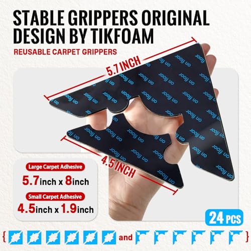 Tikfoam Rug Non Slip Grippers, Reusable Rug Tape, No Damaging for Floor, Carpet Corner Stickers for Hardwood Floors and Tiles, Strong Hold Carpet Gripper for Area Rugs, 24Pcs - Image 2