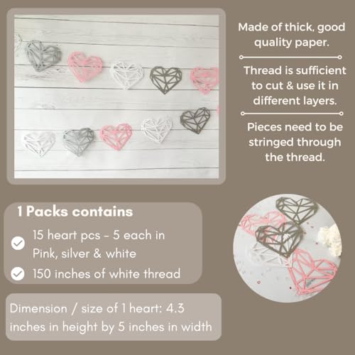 Pinfliers Anniversary Party Paper Heart Bunting, 15 pieces, Pink, white and silver, 75 inches in length - Image 2