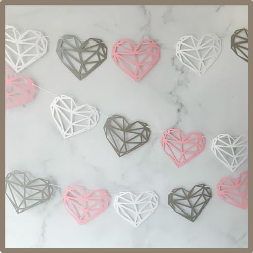 Pinfliers Anniversary Party Paper Heart Bunting, 15 pieces, Pink, white and silver, 75 inches in length - Image 1