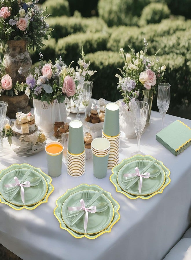 Hsei 350 Pcs Sage Green and Gold Foil Plates and Napkins 50 Guest Spring Party Supplies Include Gold Foil Scalloped Paper Plates Napkins Cups Plastic Spoons Forks Knives for Birthday Baby Shower - Image 4