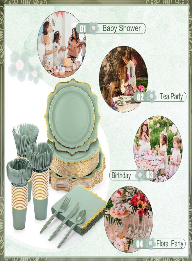 Hsei 350 Pcs Sage Green and Gold Foil Plates and Napkins 50 Guest Spring Party Supplies Include Gold Foil Scalloped Paper Plates Napkins Cups Plastic Spoons Forks Knives for Birthday Baby Shower - Image 3