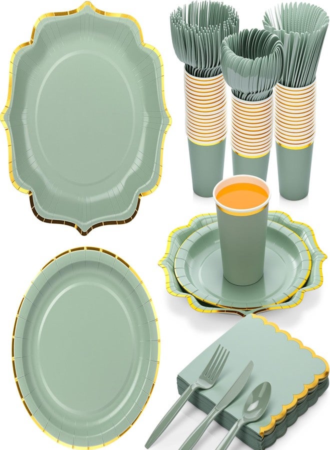 Hsei 350 Pcs Sage Green and Gold Foil Plates and Napkins 50 Guest Spring Party Supplies Include Gold Foil Scalloped Paper Plates Napkins Cups Plastic Spoons Forks Knives for Birthday Baby Shower - Image 1
