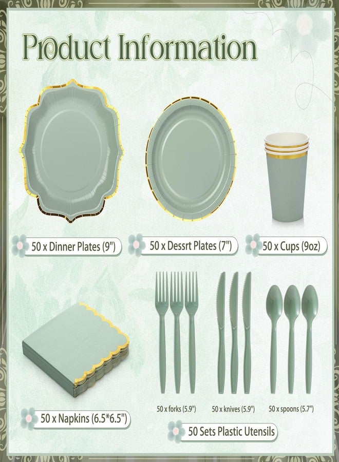 Hsei 350 Pcs Sage Green and Gold Foil Plates and Napkins 50 Guest Spring Party Supplies Include Gold Foil Scalloped Paper Plates Napkins Cups Plastic Spoons Forks Knives for Birthday Baby Shower - Image 2