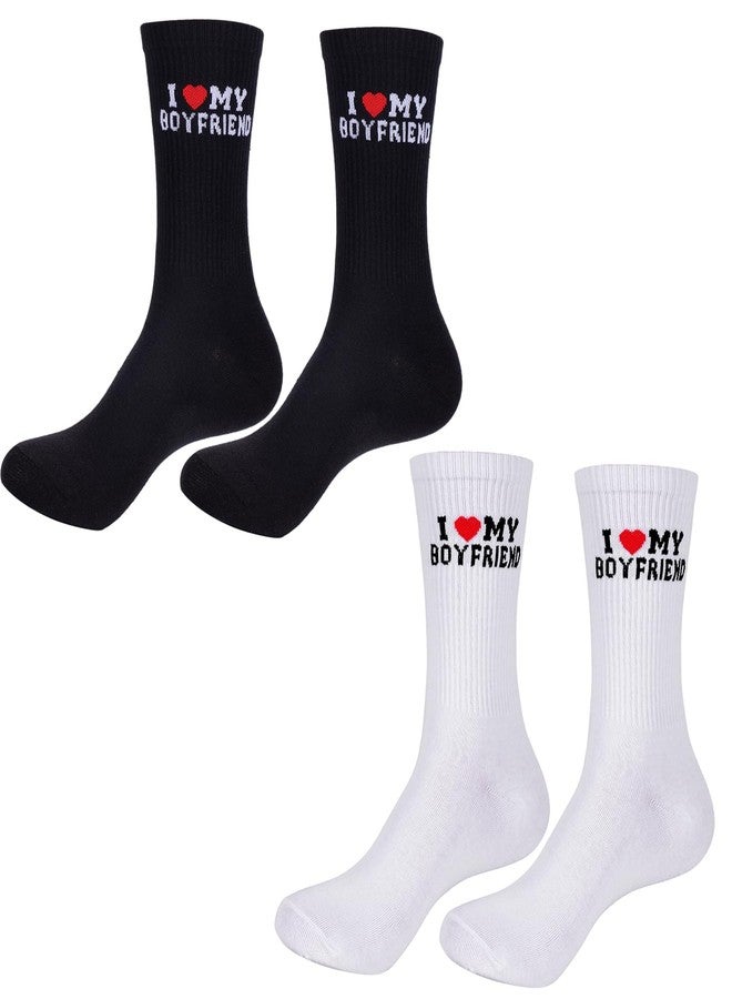 MIXJOY I Love My Boyfriend Socks, Funny Socks for Girlfriend from Boyfriend, 2 Pairs Black and White Crew Socks for Couples, Anniversary Birthday Stocking Stuffers for Women Her - Image 1