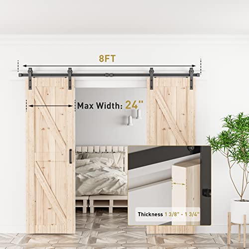 Signstek 8 FT Double Sliding Barn Door Hardware Track Kit, Wood Slab Use, for Garage, Kitchen, Bedroom, Fit 24'' Wide Door Panel-Smoothly and Quitely-Easy to Install (J Shape Hanger) - Image 3