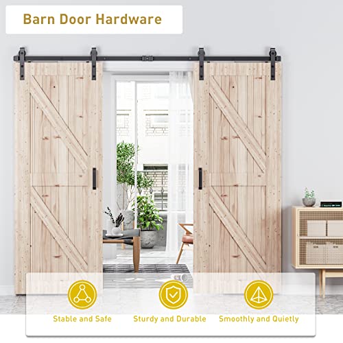 Signstek 8 FT Double Sliding Barn Door Hardware Track Kit, Wood Slab Use, for Garage, Kitchen, Bedroom, Fit 24'' Wide Door Panel-Smoothly and Quitely-Easy to Install (J Shape Hanger) - Image 4