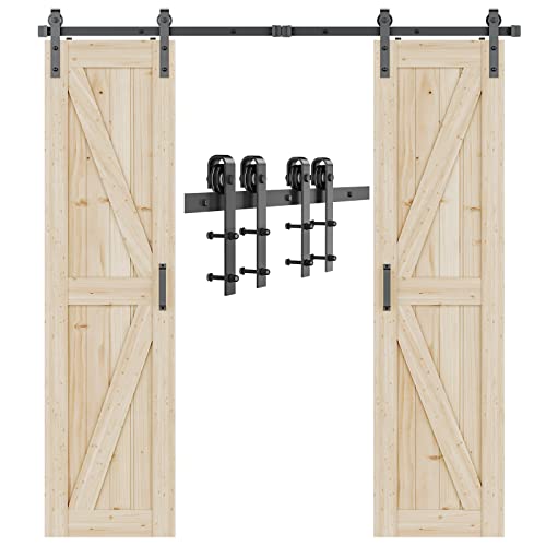 Signstek 8 FT Double Sliding Barn Door Hardware Track Kit, Wood Slab Use, for Garage, Kitchen, Bedroom, Fit 24'' Wide Door Panel-Smoothly and Quitely-Easy to Install (J Shape Hanger) - Image 1
