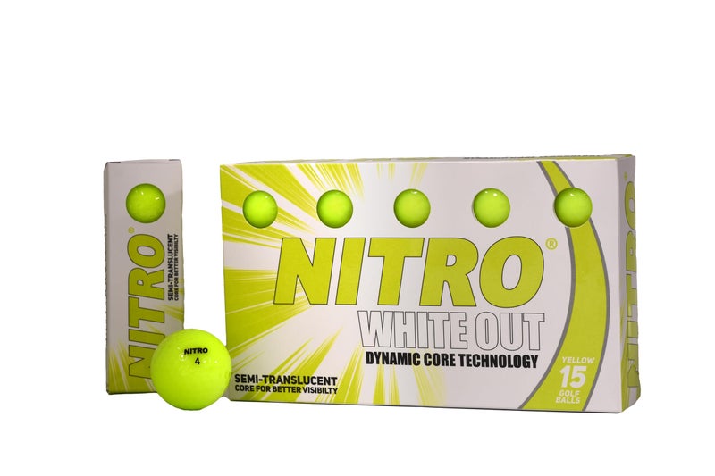 Nitro Long Distance Peak Performance Golf Balls (15PK) All Levels White Out 70 Compression High Velocity White Hot Core Long Distance Golf Balls USGA Approved-Total of 15-Yellow - Image 1