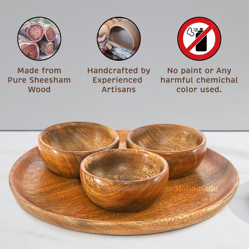 Mahomade Wooden Thali Dining Set | Wooden Plate with Bowls | 10 inches Plate, 3.5 Inches Bowl | Wooden Serving Dinner Set - Image 4
