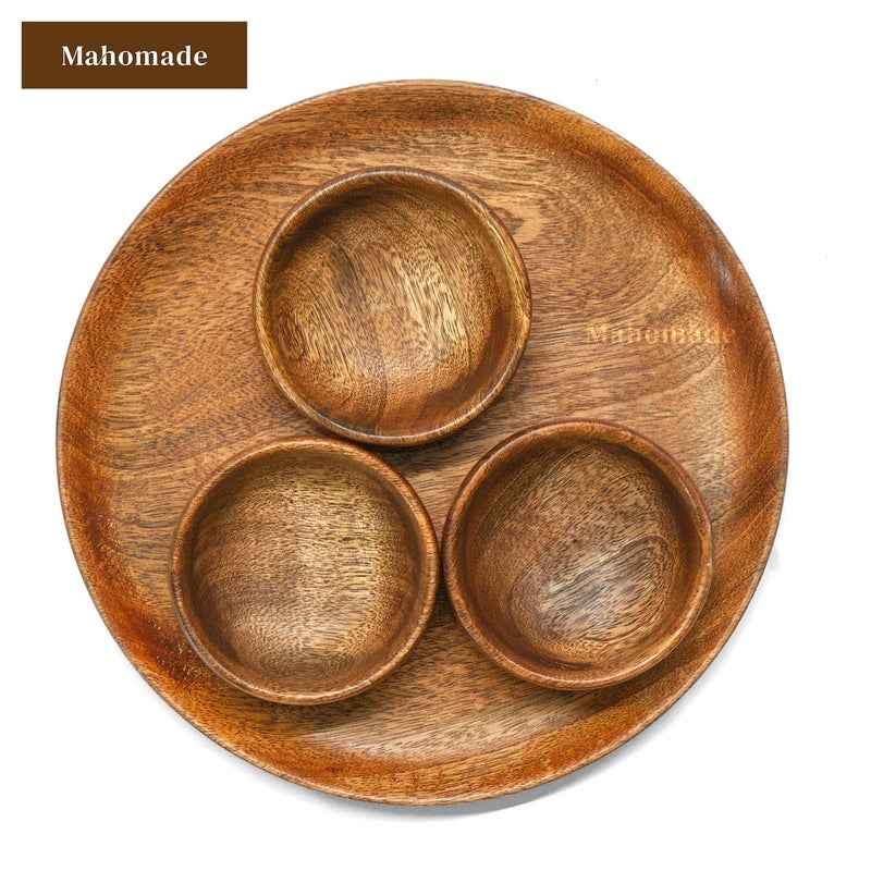 Mahomade Wooden Thali Dining Set | Wooden Plate with Bowls | 10 inches Plate, 3.5 Inches Bowl | Wooden Serving Dinner Set - Image 2