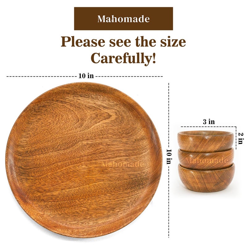 Mahomade Wooden Thali Dining Set | Wooden Plate with Bowls | 10 inches Plate, 3.5 Inches Bowl | Wooden Serving Dinner Set - Image 3